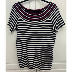 NY Collection Striped Knit Boatneck Sweater Navy, White, Hot Pink Size XL  NWOT
